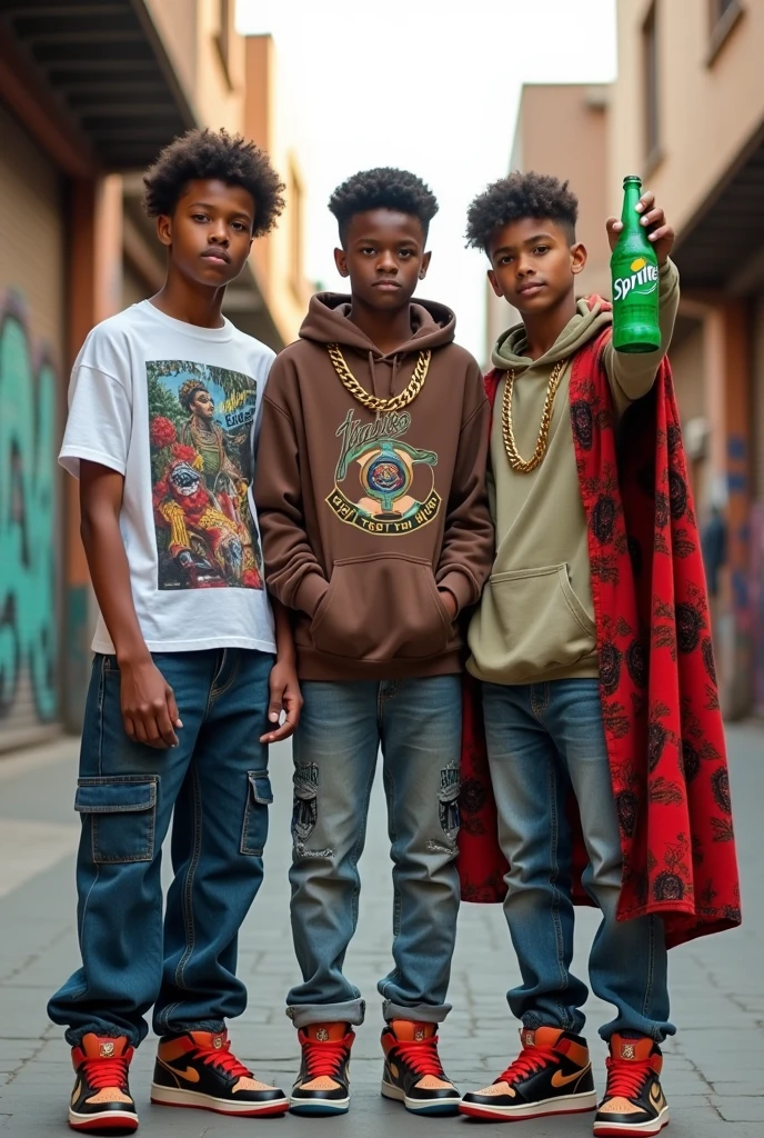 Generate an image of 3 teenage boys with Jordan sneakers and gold chains, a bottle of sprite and a jaraba