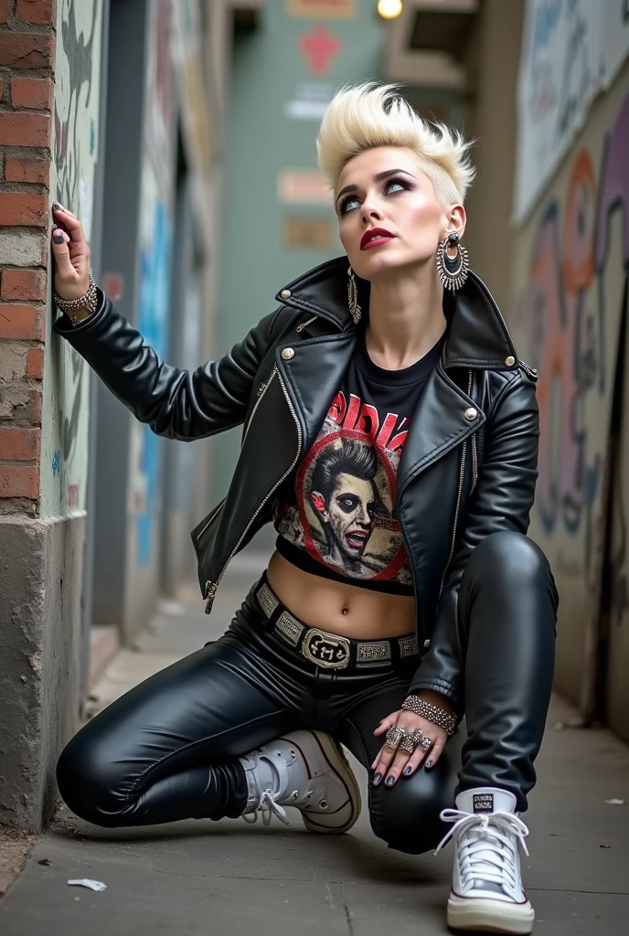 old russian milf, platinum blonde hair, long neck, long hair in pompadour male style with shaved sides, with very light blue eyes, very pale, lots of makeup. Wearing black moto jacket with popped up collar, cropped rock band t-shirt with low neckline, black shiny leggings and dirty white tennis sneakers. Big loop earrings. Wide tacky belt with big buckle, dog collar, lots of rings and studded bracelets , Full body, kneeling with thumbs in pockets in the street, looking up in awe. Point of view from above