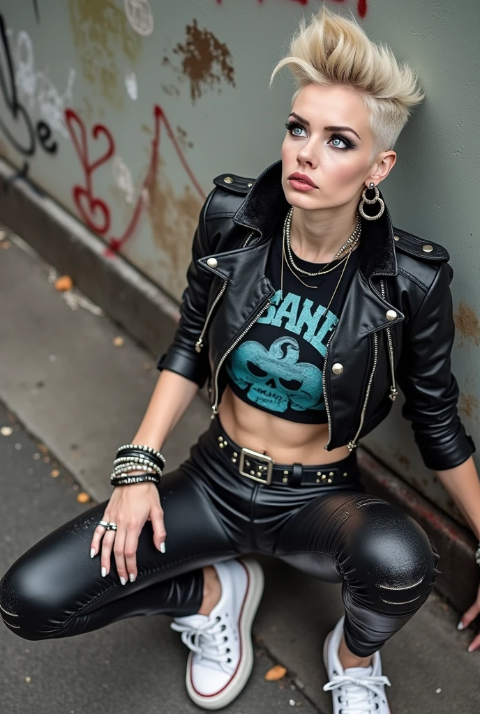 old russian milf, platinum blonde hair, long neck, long hair in pompadour male style with shaved sides, with very light blue eyes, very pale, lots of makeup. Wearing black moto jacket with popped up collar, cropped rock band t-shirt with low neckline, black shiny leggings and dirty white tennis sneakers. Big loop earrings. Wide tacky belt with big buckle, dog collar, lots of rings and studded bracelets , Full body, kneeling with thumbs in pockets in the street, looking up in awe. Point of view from above