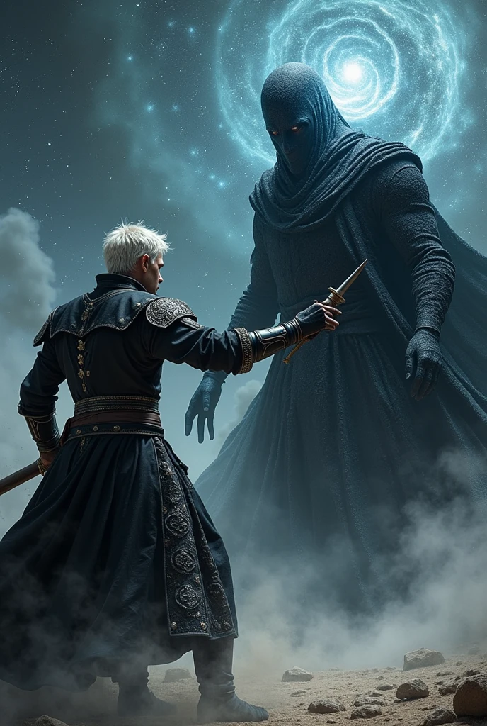 Make a man with short messy white hair wearing black and white medieval style clothes, fighting against a humanoid being covered in cosmic black color  , with cosmic powers, height of 2 meters 