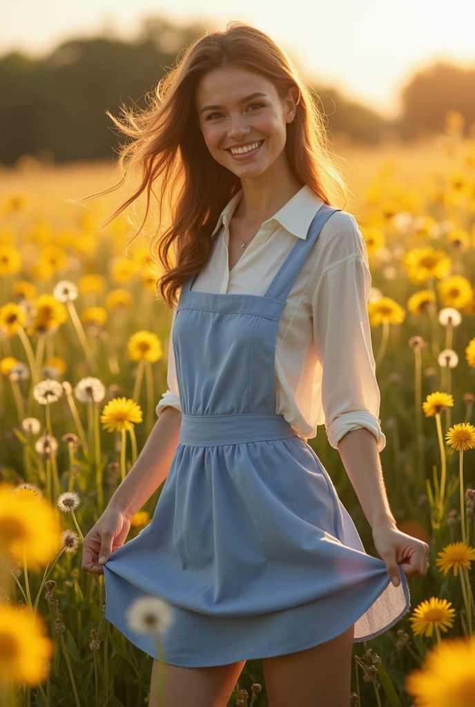 Brunette influencer, Cosplay as Belle from Beauty and the Beast outfit, standing in a field of dandelions, wearing a blue dress with white shirt underneath and white apron, pulling up her dress to reveal cute satin panties, cute smile, taken with a Canon R5 F1.2