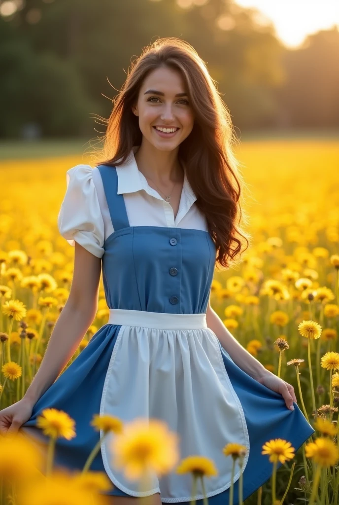 Brunette influencer, Cosplay as Belle from Beauty and the Beast outfit, standing in a field of dandelions, wearing a blue dress with white shirt underneath and white apron, pulling up her dress to reveal cute satin panties, cute smile, taken with a Canon R5 F1.2
