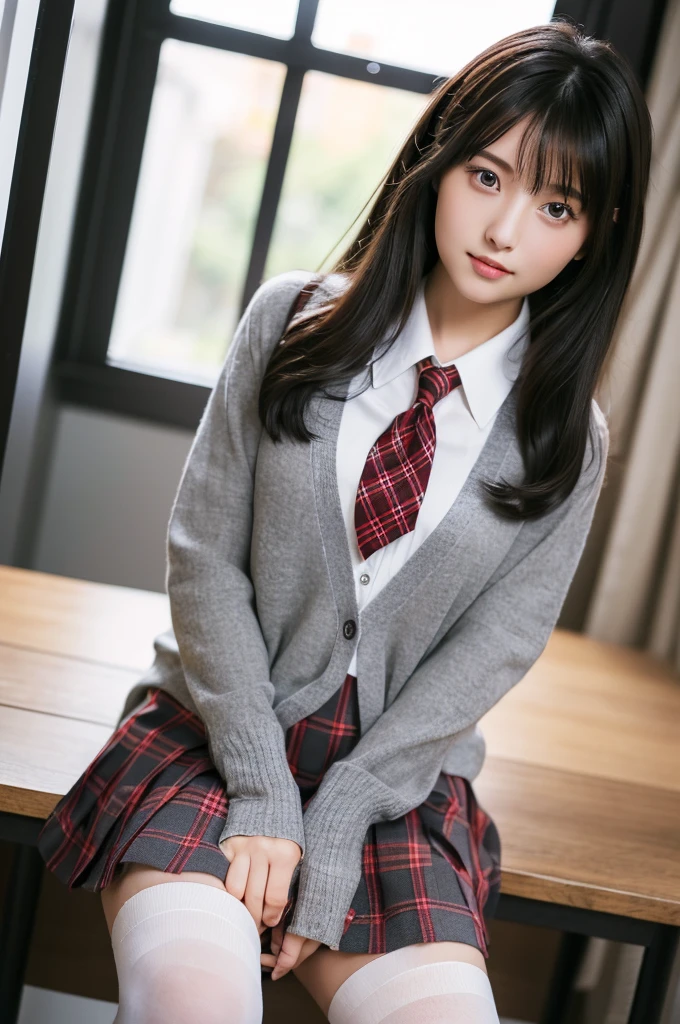 (((8k、High resolution、Highest quality、High resolution)))alone、Natural body shape、White skin、Natural Makeup、Black Hair、Straight Long Hair、((High School Uniform)) 、((Grey cardigan、white collared long sleeve blouse))、((Red checkered pleated skirt))、(red school ribbon)、((Wear a uniform))、(((((Looking into the camera)))))、(((Head to shin portrait)))、(((Exposing your thighs)))、classroom、On the desk、Sit with your legs apart、((Focus on the ??????))、White socks ((pussy))