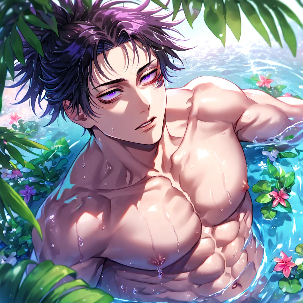absurdres, highres, ultra detailed, HDR, master piece, Choso, black hair, expressive purple eyes, without shirt, Jujutsu Kaisen, toned chest, bare chest, sexy man, handsome, best quality, beach, fantasy, magical, solo, water, sensual, horny, green leaves, flowers, manly man, close up
