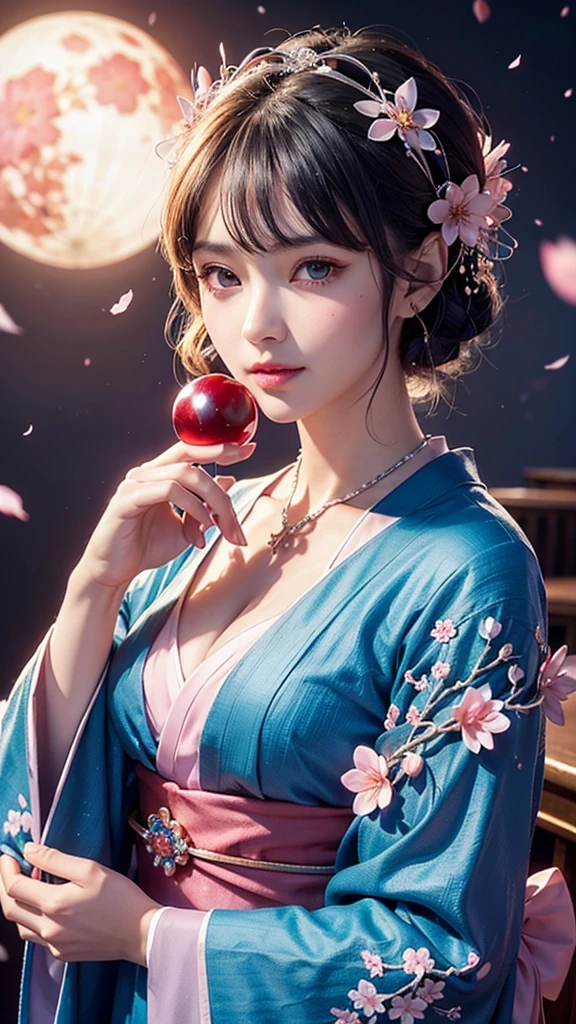 (Holding a glowing blue crystal ball in each hand)),positive,Front Configuration,Upper Body,((Observe the audience)),Gorgeous red and black kimono,Cherry Blossom Hair Accessories,length, short hair, Silver Hair,Cherry Blossom Hair Accessories,Beautiful and delicate face,blush,Cherry pink eyes,Big eyes,Extremely fine resolution,Highest quality,(Pink Moon),mysterious,Cherry Blossoms at Night,beauty