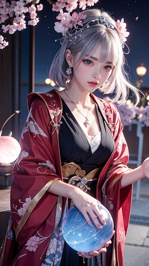 (Holding a glowing blue crystal ball in each hand)),positive,Front Configuration,Upper Body,((Observe the audience)),Gorgeous red and black kimono,Cherry Blossom Hair Accessories,length, short hair, Silver Hair,Cherry Blossom Hair Accessories,Beautiful and delicate face,blush,Cherry pink eyes,Big eyes,Extremely fine resolution,Highest quality,(Pink Moon),mysterious,Cherry Blossoms at Night,beauty