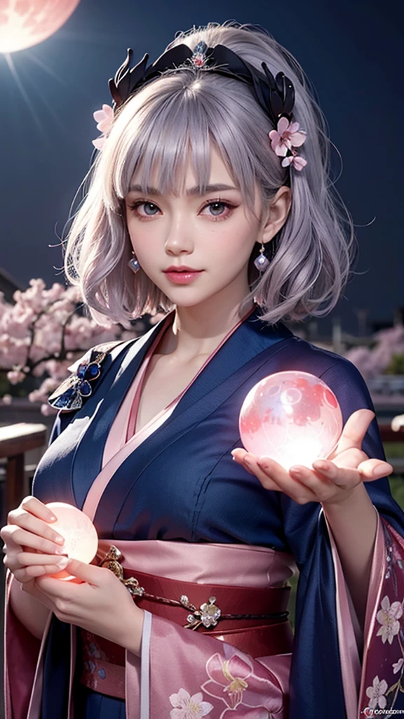(Holding a glowing blue crystal ball in each hand)),positive,Front Configuration,Upper Body,((Observe the audience)),Gorgeous red and black kimono,Cherry Blossom Hair Accessories,length, short hair, Silver Hair,Cherry Blossom Hair Accessories,Beautiful and delicate face,blush,Cherry pink eyes,Big eyes,Extremely fine resolution,Highest quality,(Pink Moon),mysterious,Cherry Blossoms at Night,beauty
