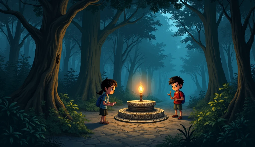 rani, the curious, approached the altar and accidentally touched the signs engraved there. A moment, the ground beneath them trembled, and from the darkness of the forest came the sound of crying and screaming. The torch they were carrying suddenly went out, leaving them in pitch darkness.
(Pemain : rani perempuan, Jaka dan andi laki-laki. The three of them are agers who come from the city.)