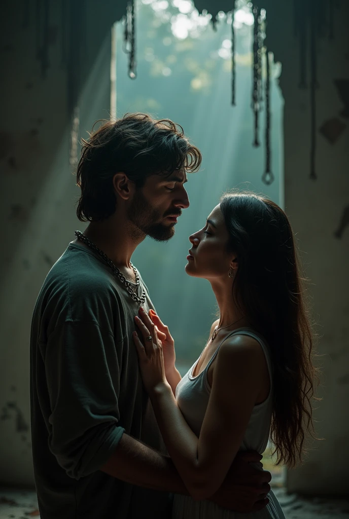 Create an image of a man and a woman being manipulated through emotional abuse and breaking the cycle with chains.
. Their hearts are broken and both are sad