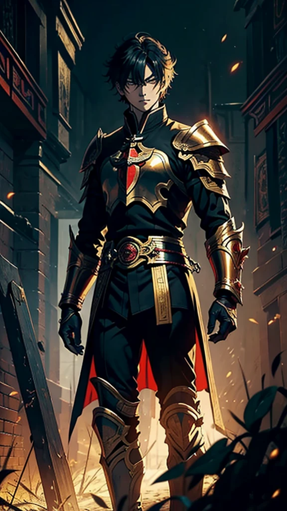 vampyre. naughty man .A young hero from the world. A paladin who faced the seraphim. stark, agile, Cao Cao(1,99m) and confident. medium hair(random color). Golden and fiery eyes.. standing alone. Lonely.