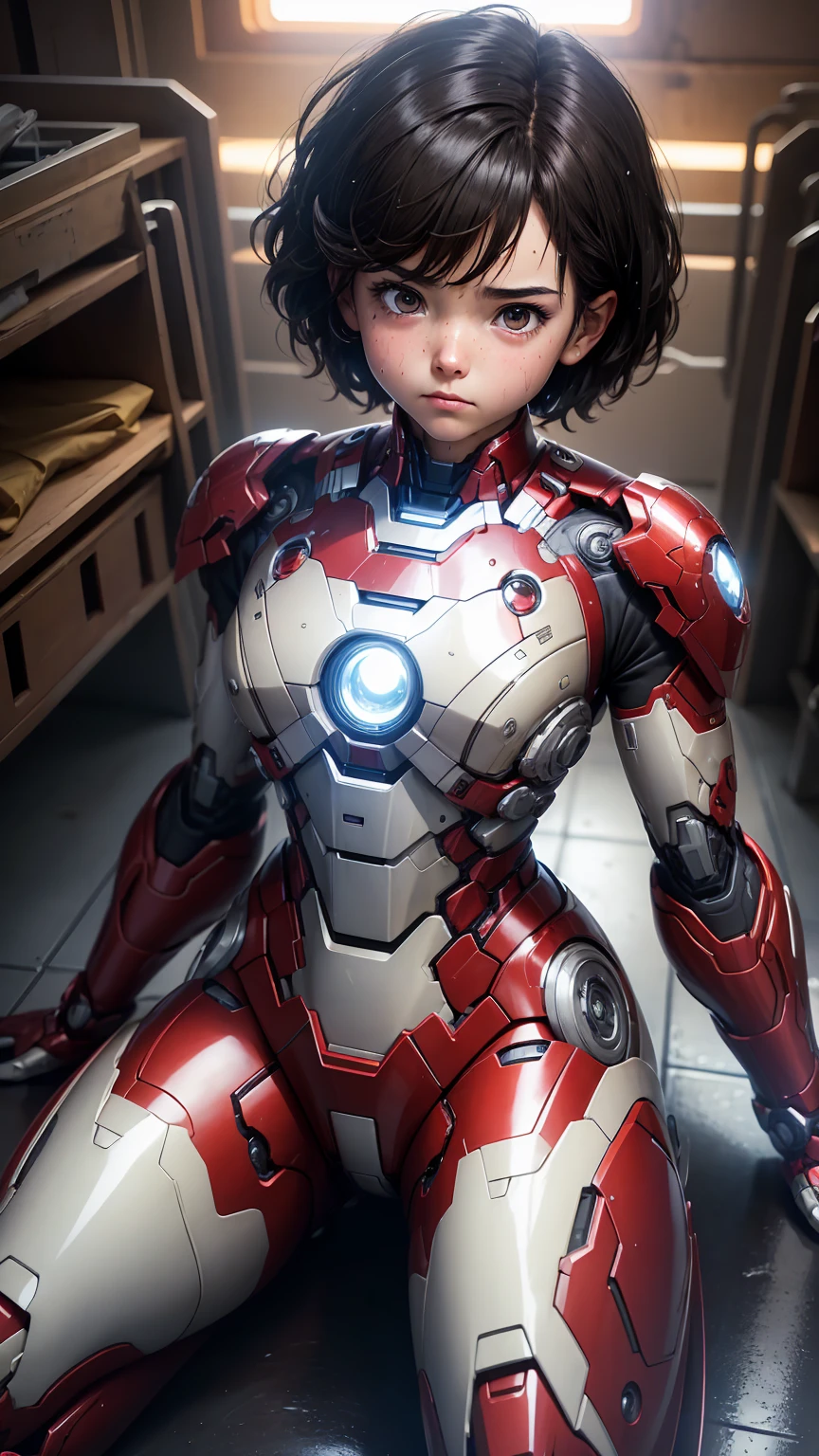 Highest quality　8k Iron Man suit girl　Elementary school girl　Sweaty face　cute　short hair　boyish　Steam coming out of the head　My hair is wet with sweat　Black Hair　Steam coming out of her body　Low - Angle　Spread your legs wide