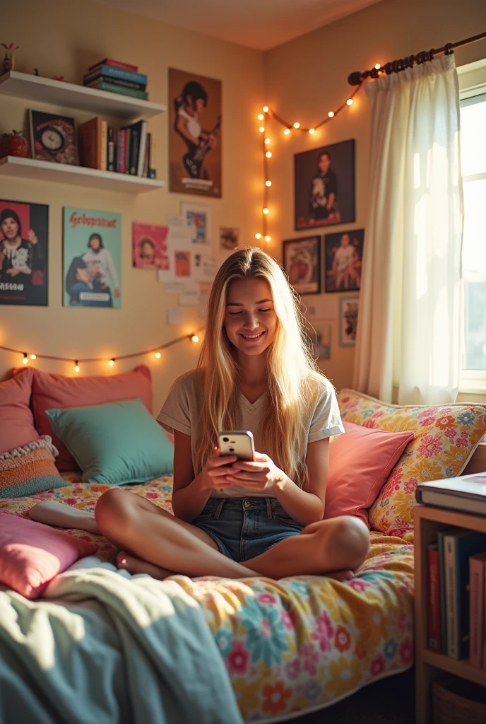 Blonde teenager who is in her room