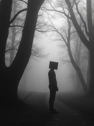 man standing, box head, fog, forest, mist, huleebstyle, monochrome, helmet, dark,
