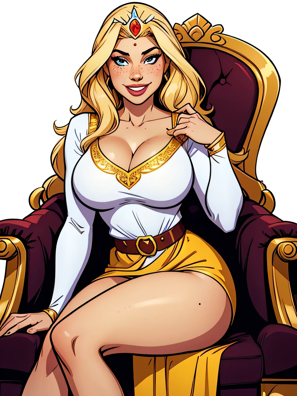 Thin woman, age 25, 4K (High definition), beautiful smiling, seducing gaze, wearing a tiara and a royal gown with a V-neck and long sleeves, brown belt, Caucasian skin, long blonde hair, sitting in a chair, full of curves with freckles across her chest. Marvel style high quality, white background.