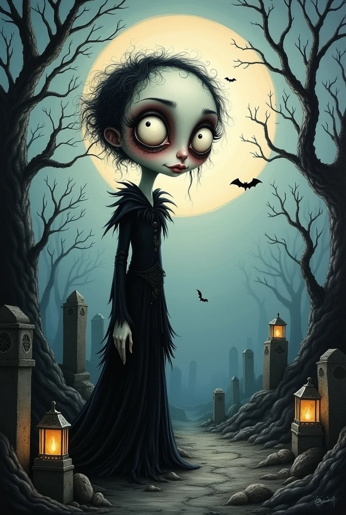 A gothic and spooky acrylic painting, by Tim Burton, horror theme