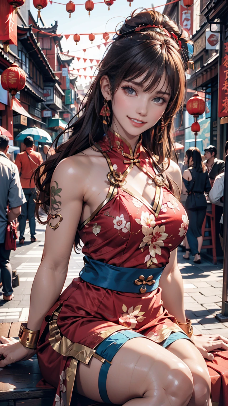 Chun-Li's face、Red Chinese clothing、Sitting and laughing、Chinatown