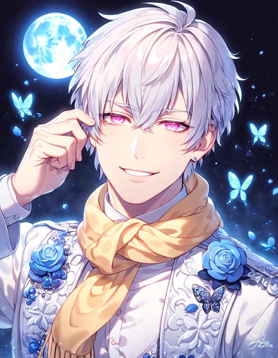 absurdres, highres, ultra detailed, HDR, master piece, best quality, extremely detailed, Clear, white hair, expressive pink eyes, Dramatical Murder, solo, sexy man, handsome, handsome smile, manly man, sensual, horny, white coat, white shirt, yellow scarf, fantasy, magical, blue moon, blue flowers, blue butterflies, blue petals, blossoms, water