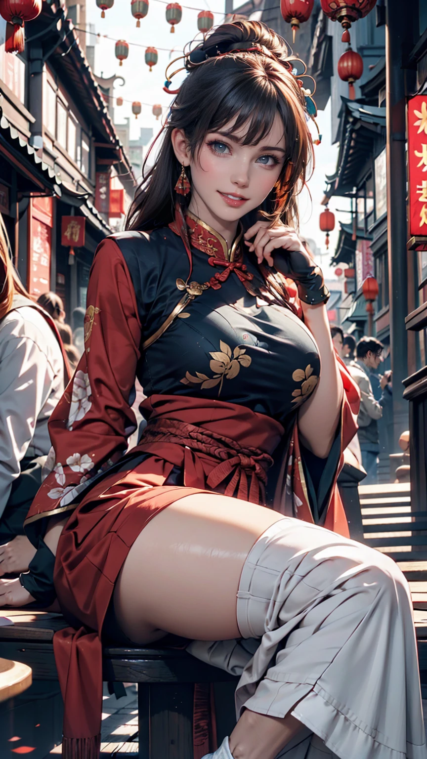 Chun-Li's face、Red Chinese clothing、Sitting and laughing、Chinatown