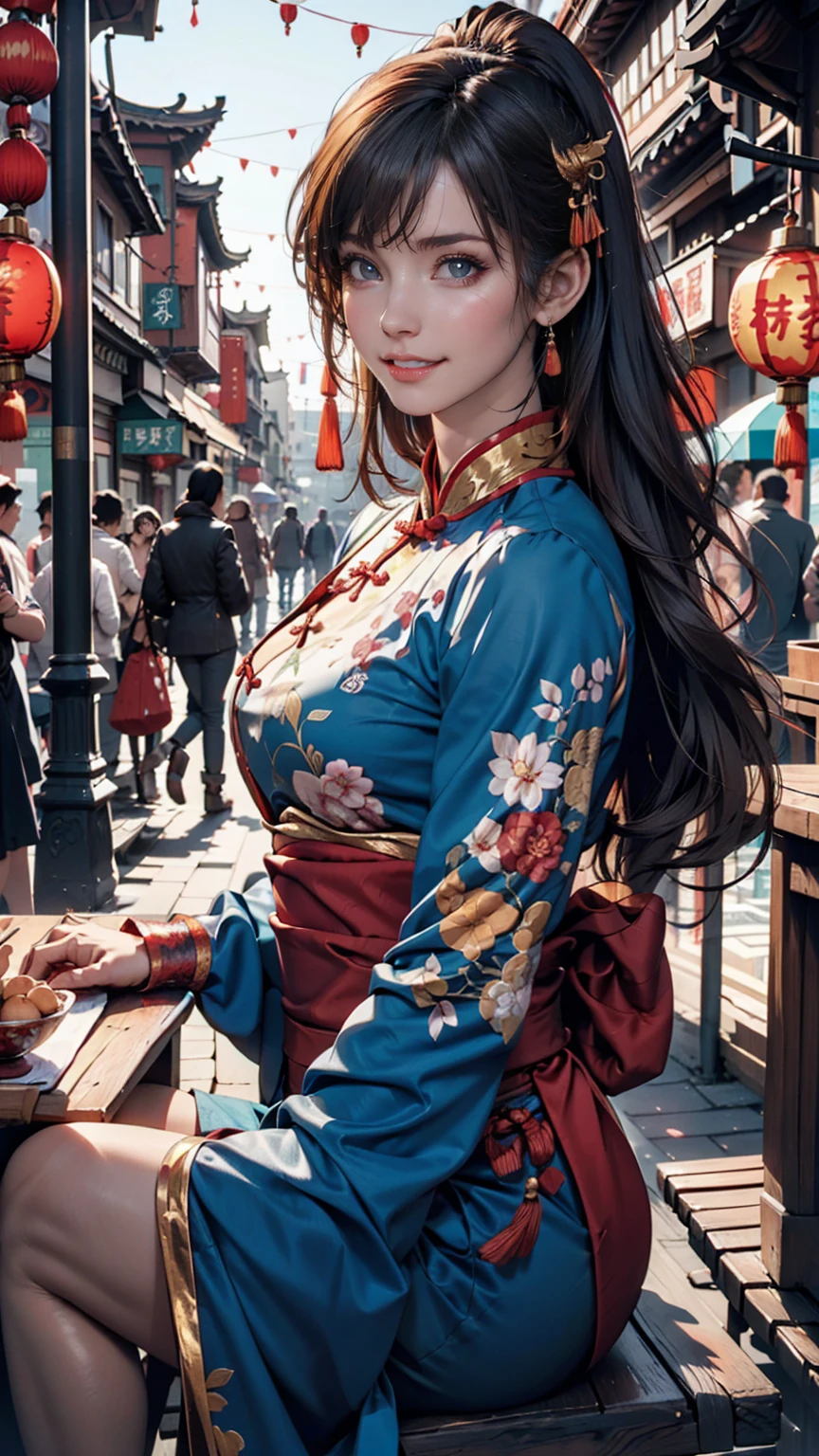 Chun-Li's face、Red Chinese clothing、Sitting and laughing、Chinatown