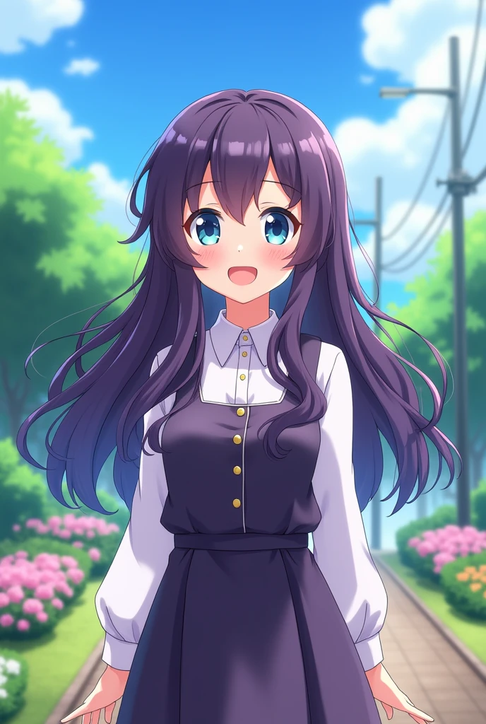 Girl, of short stature, long wavy hair that is a bit dark violet, her eyes are blue, He is happy, He wears elegant but modest clothes. anime style.