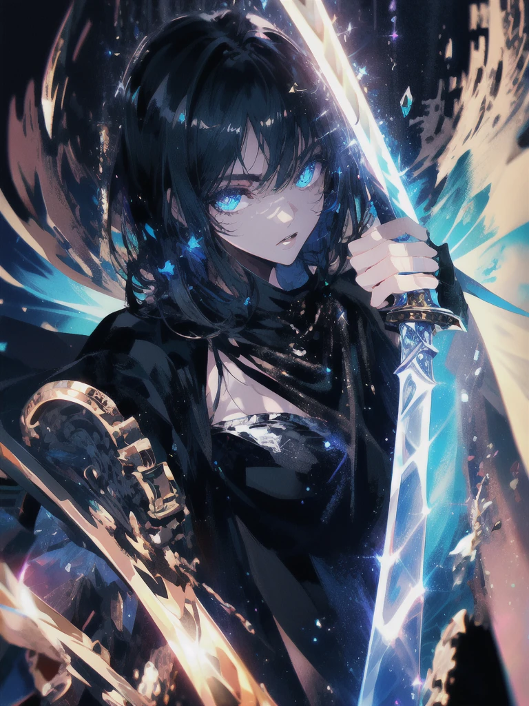 Holding a one-handed sword、Please take the black sword.、((masterpiece, highest quality, Super detailed, High resolution)), alone, beautiful girl, shining eyes, perfect eyes, 15 years old, black white gold theme,