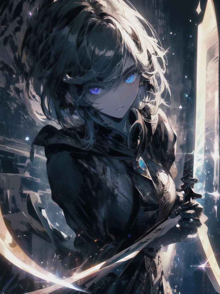 Holding a one-handed sword、Please take the black sword.、((masterpiece, highest quality, Super detailed, High resolution)), alone, beautiful girl, shining eyes, perfect eyes, 15 years old, black white gold theme,