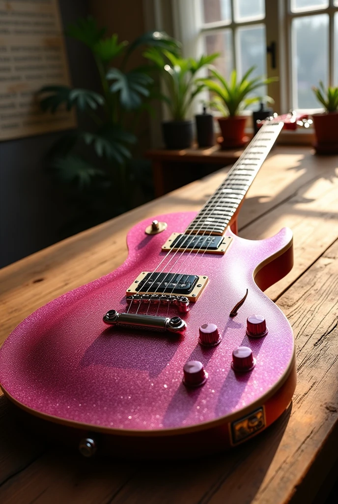 Guitar decorated with pink glitter on top of a wooden table 