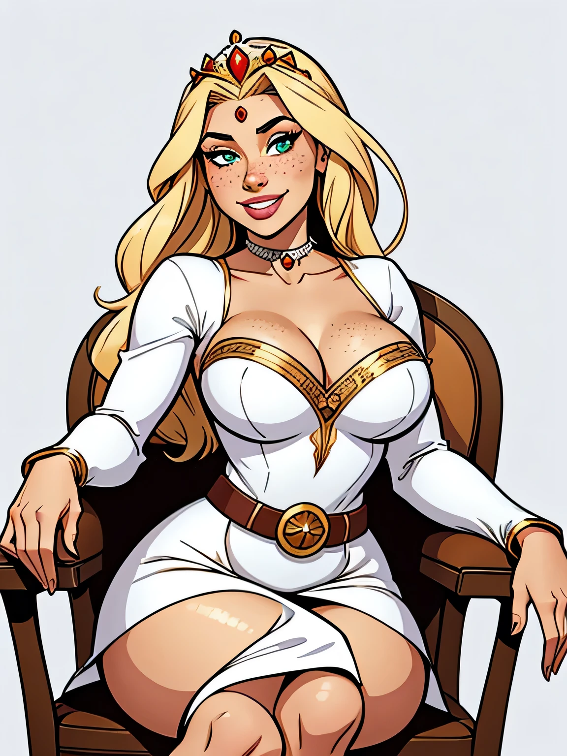 Thin woman, age 25, 4K (High definition), beautiful smiling, seducing gaze, greeneyes, wearing a tiara and a royal dress with a boat neckline and long sleeves, brown belt, Caucasian skin, long blonde hair, sitting in a chair, full of curves with freckles across her chest. Marvel style high quality, white background.