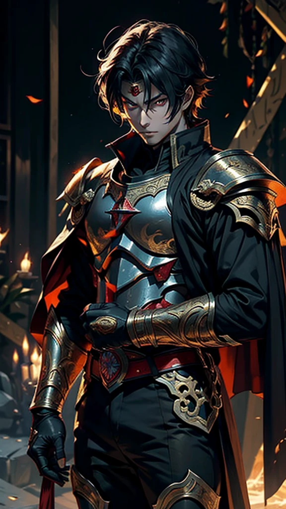 vampyre. naughty man .A young hero from the world. A paladin who faced the seraphim. stark, agile, Cao Cao(1,99m) and confident. medium hair(random color). Golden and fiery eyes.. standing alone. Lonely.