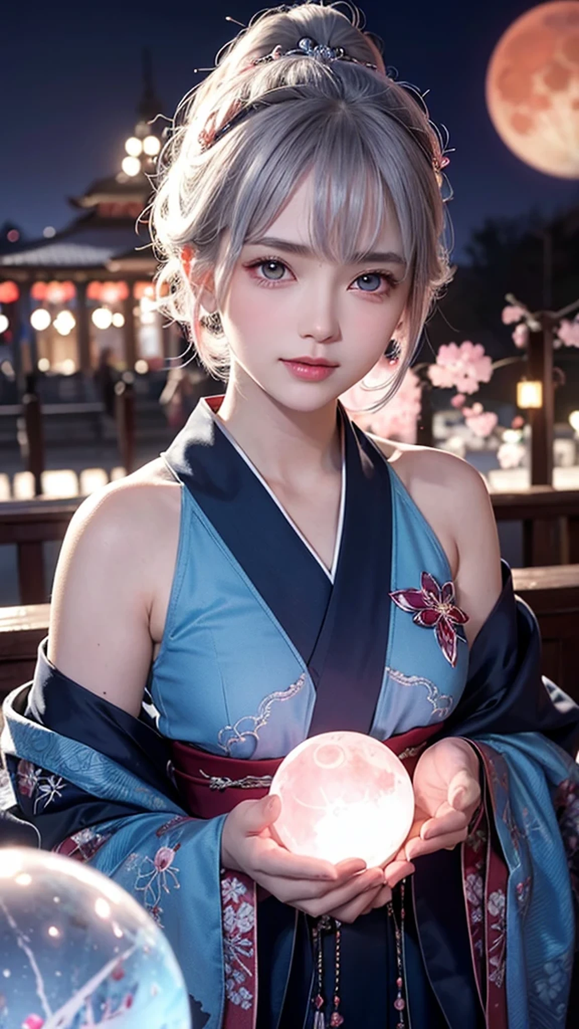 (Holding a glowing blue crystal ball in each hand)),positive,Front Configuration,Upper Body,((Observe the audience)),Gorgeous red and black kimono,Cherry Blossom Hair Accessories,length, short hair, Silver Hair,Cherry Blossom Hair Accessories,Beautiful and delicate face,blush,Cherry pink eyes,Big eyes,Extremely fine resolution,Highest quality,(Pink Moon),mysterious,Cherry Blossoms at Night,beauty