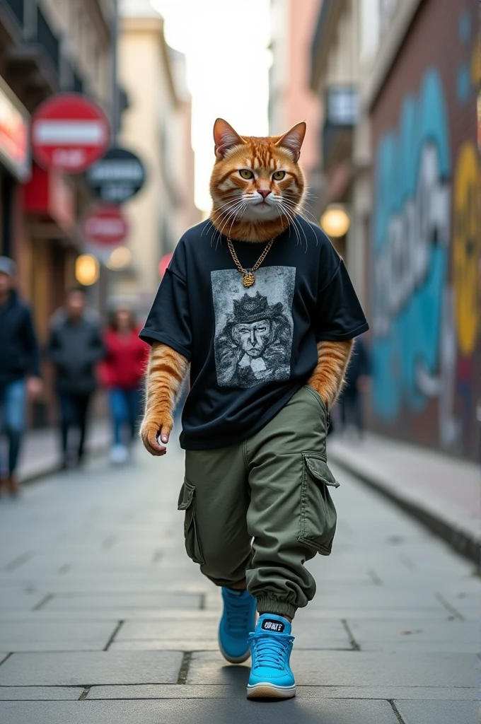 A cat wearing Nike sneakers and street clothes 