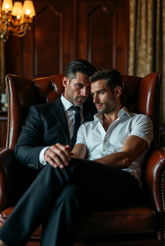 Create a cover for a Wattpad book that includes the following: it should be a realistic image of a mafia man sitting in a chair with a 25-year-old man sitting on his lap 
