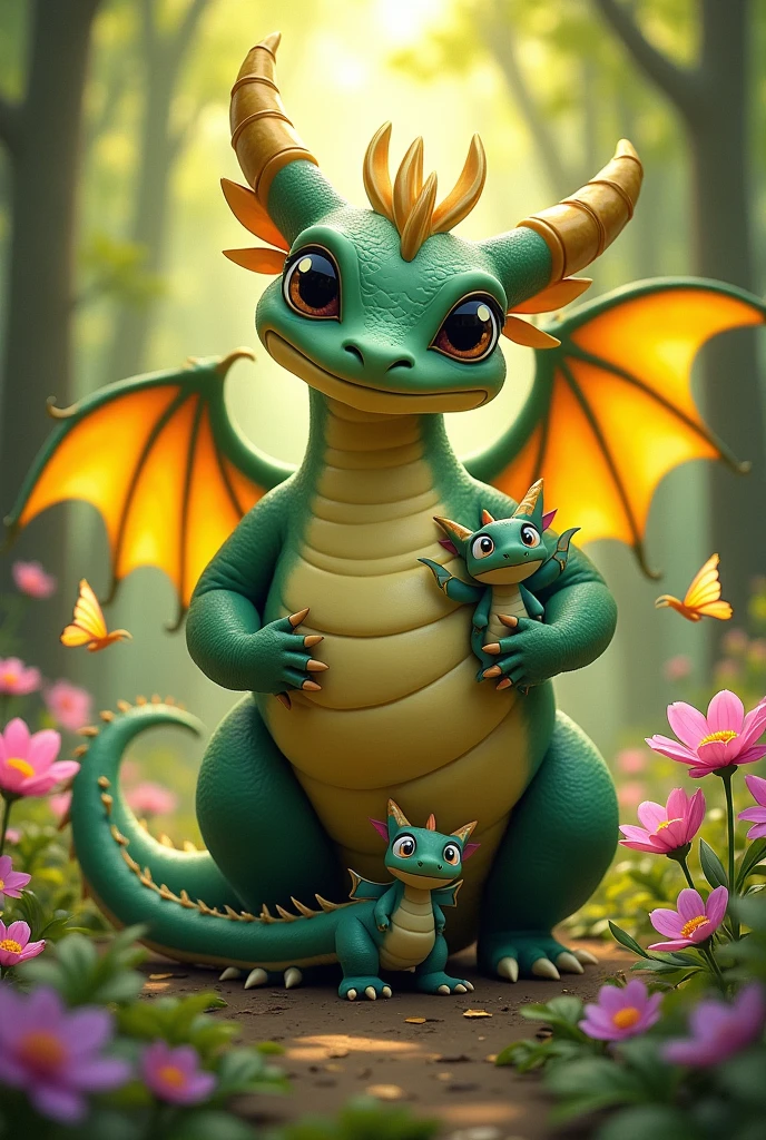 Dragon Mom ,with yellow wings, chubby ,eyes black ,in May with big breasts