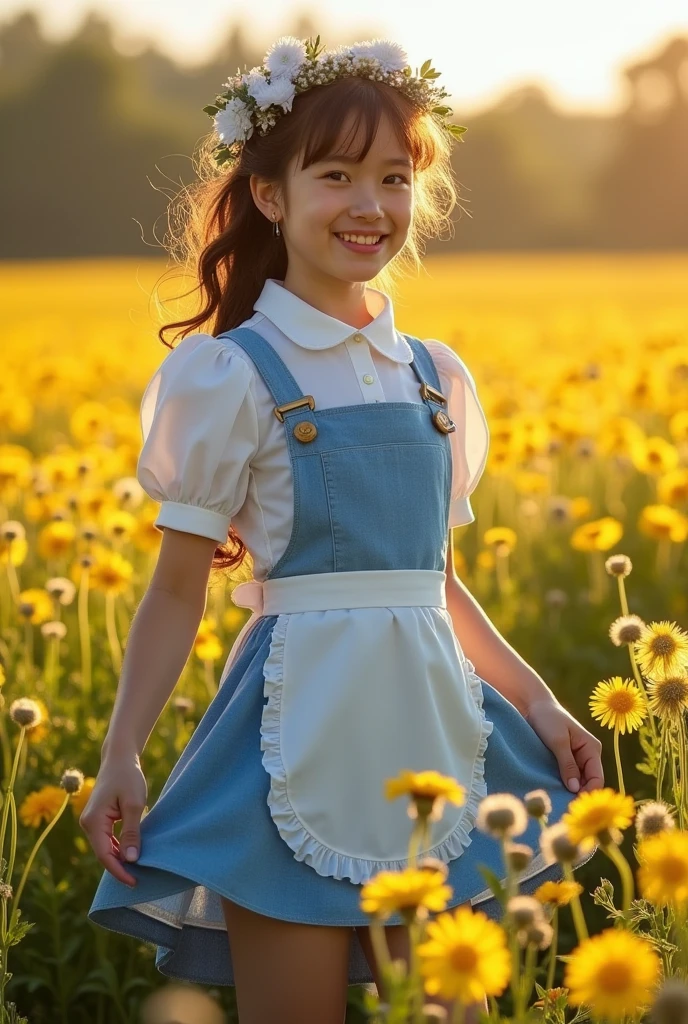 Brunette influencer, Cosplay as Belle from Beauty and the Beast outfit, standing in a field of dandelions, wearing a blue dress with white shirt underneath and white apron, pulling up her dress up to her waste to reveal cute satin panties, cute smile, taken with a Canon R5 F1.2