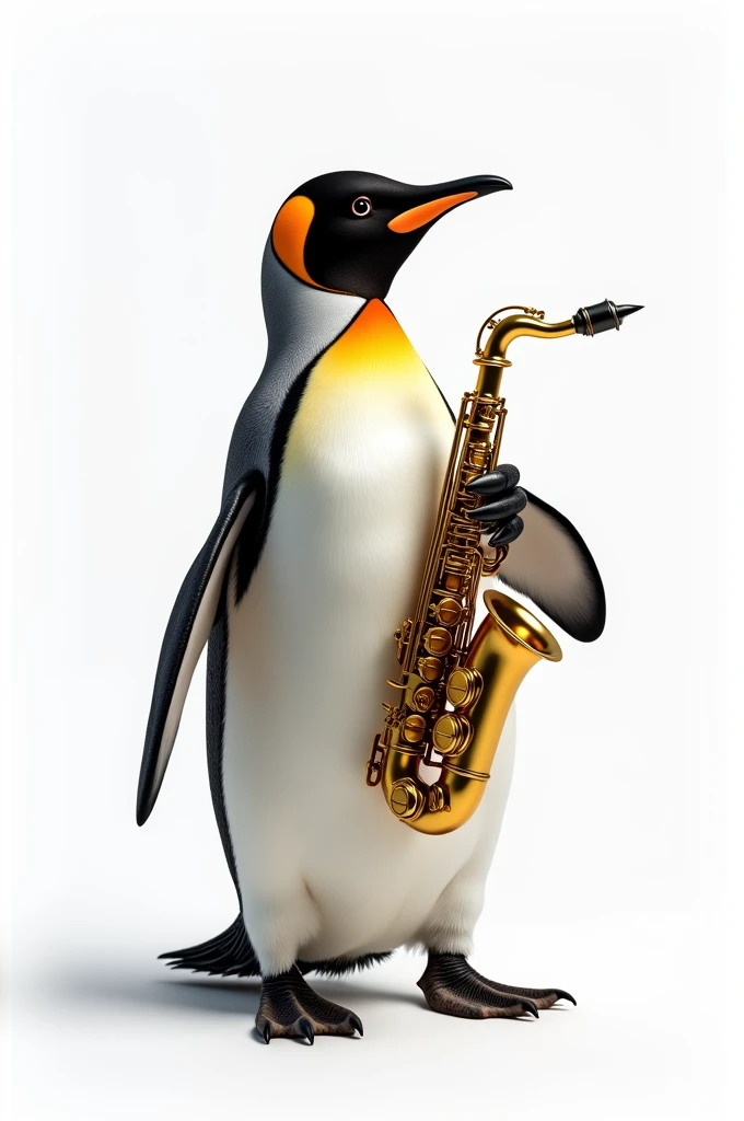 Penguin on a white background playing a saxophone 