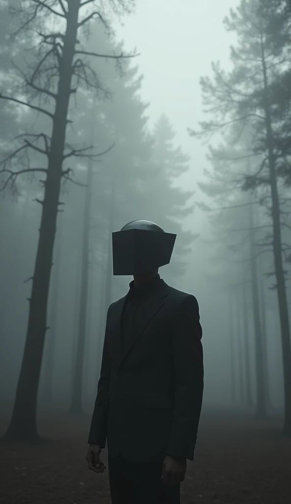 man standing, box head, fog, forest, mist, huleebstyle, monochrome, helmet, dark,