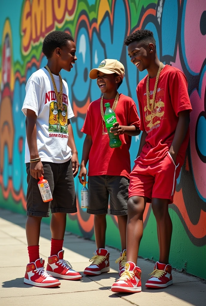 Generate an image of 3 age boys with Jordan sneakers and gold chains, a bottle of sprite and a cough syrup, that the children be handsome and happy