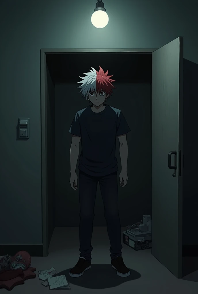 Adult Todoroki Shouto looking scared towards a dark closet