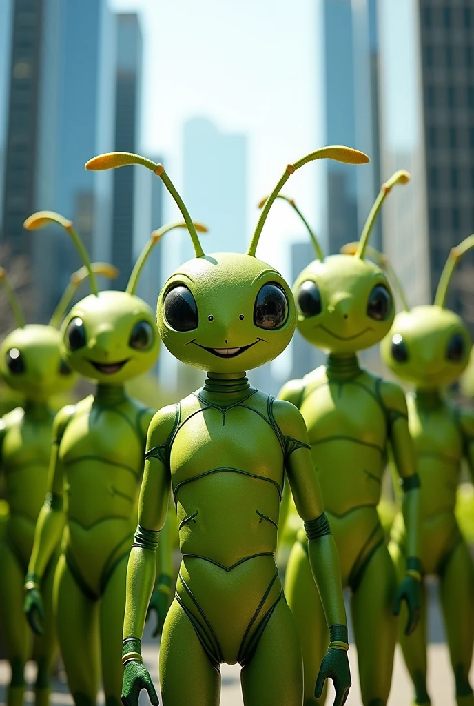 Team of 12 ant-faced employees wearing green uniforms with blank name tags