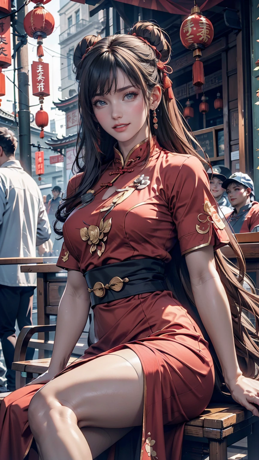 Chun-Li's face、Red Chinese clothing、Sitting and laughing、Chinatown