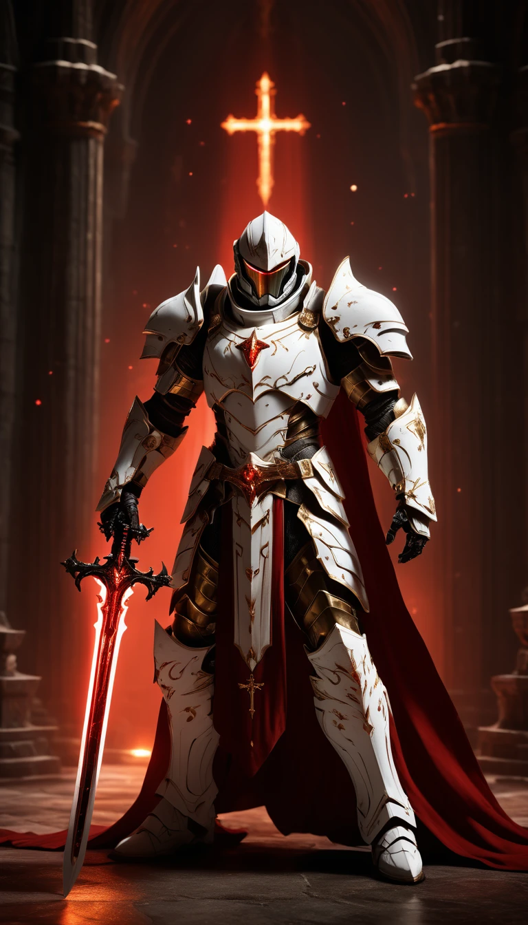 Masterpieces, male, Holy white paladin, (white armor), Action style shot, in a vampire castle, dark souls and elden ring style red. (no undercloth), holding a sword in one hand and a sword in the other, Glowing red colored Christian Cross on breastplate, (Battle Priest in a warframe and halo style armor holding two swords with radiant red light, emanating potent gold light magic.), (red half cape), (action shot: walking through dark vampire castle both swords out), (white, red and gold color scheme), (5 red gems on belt), (holy light magic effects), white and red tabard, centered, full body shot fighting, sci-fi knight, Halo master chief, vibrant colors, visible figure joints, cinematic shot, volumetric lighting, intricate pattern detail, highly detailed
