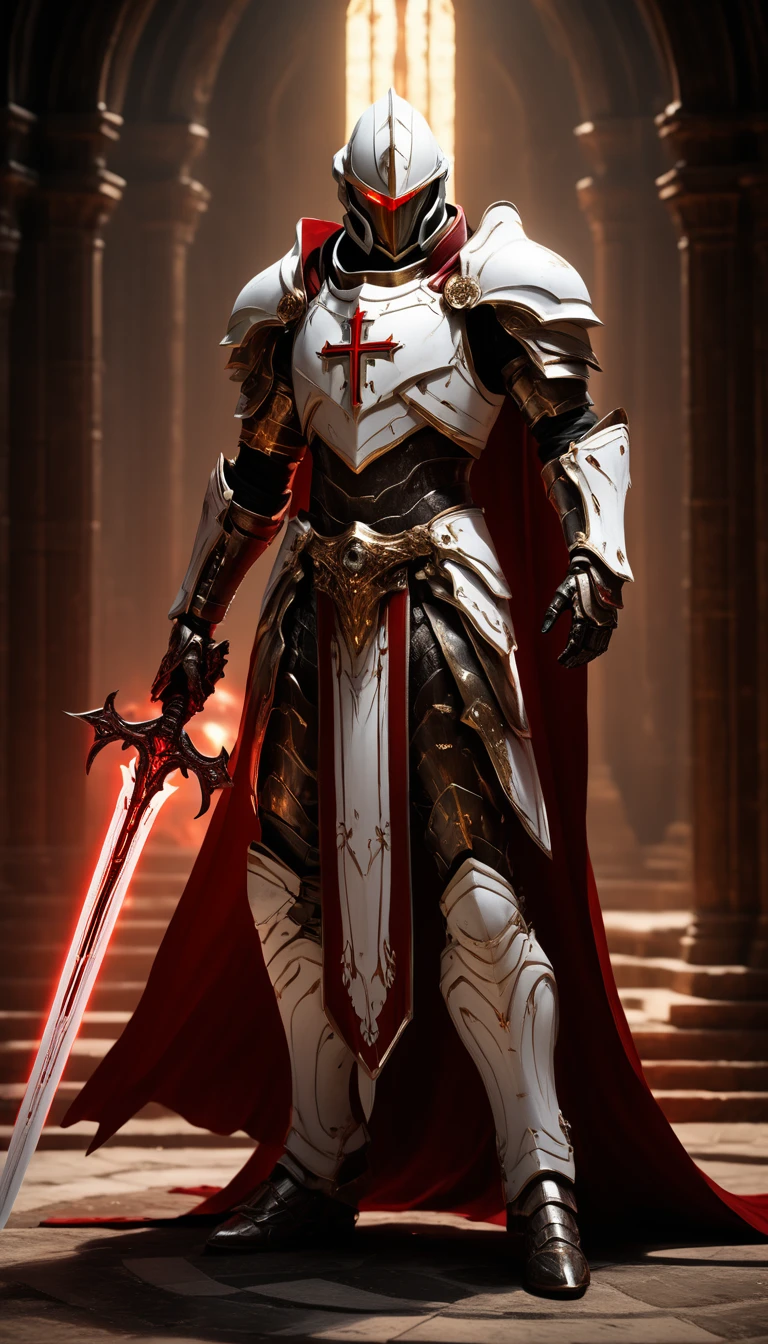 Masterpieces, male, Holy white paladin, (white armor), Action style shot, in a vampire castle, dark souls and elden ring style red. (no undercloth), holding a sword in one hand and a sword in the other, Glowing red colored Christian Cross on breastplate, (Battle Priest in a warframe and halo style armor holding two swords with radiant red light, emanating potent gold light magic.), (red half cape), (action shot: walking through dark vampire castle both swords out), (white, red and gold color scheme), (5 red gems on belt), (holy light magic effects), white and red tabard, centered, full body shot fighting, sci-fi knight, Halo master chief, vibrant colors, visible figure joints, cinematic shot, volumetric lighting, intricate pattern detail, highly detailed