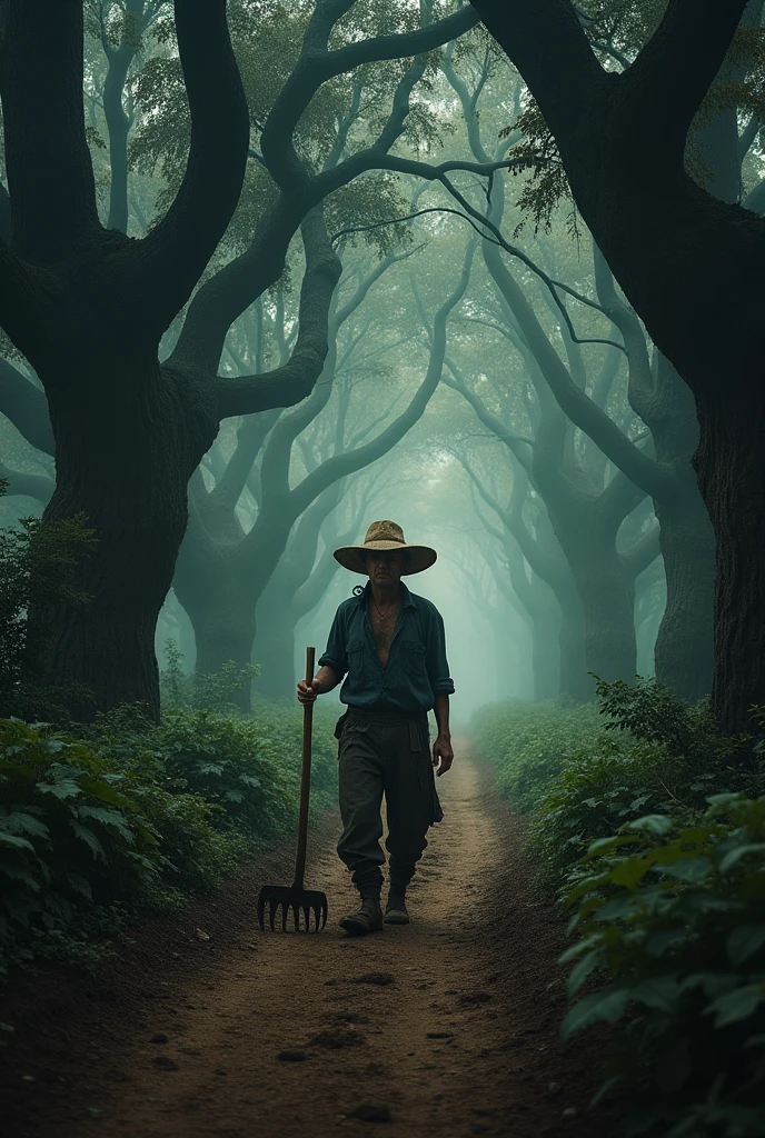 Description: "A dirt road in the middle of the woods, surrounded by a deep and mysterious darkness. En el centro de la imagen, My friend João, a simple and tired man, wearing a straw hat and the clothes of a rural worker, walks alone, holding a hoe. The atmosphere around him is tense, with tall, shadowy trees that seem to watch João as he walks."