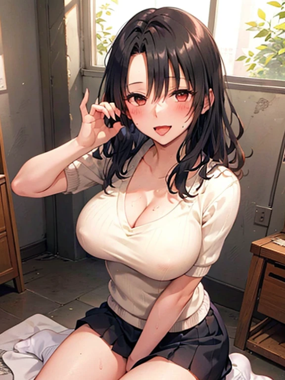 ((Highest quality)), ((masterpiece)), (detailed), One person,Age 25,(White knitted sweater),(mini skirt),Shoulder Bare,Big Breasts,blush,Underbust,(Her cleavage is visible),(Excited expression),(Seduce),night,indoor,ruins,nightのruins,Dim lighting,(In a dimly lit room),(In a messy room),Browsing Caution,sexy,dirty,Sweat,(Black knee-high socks),