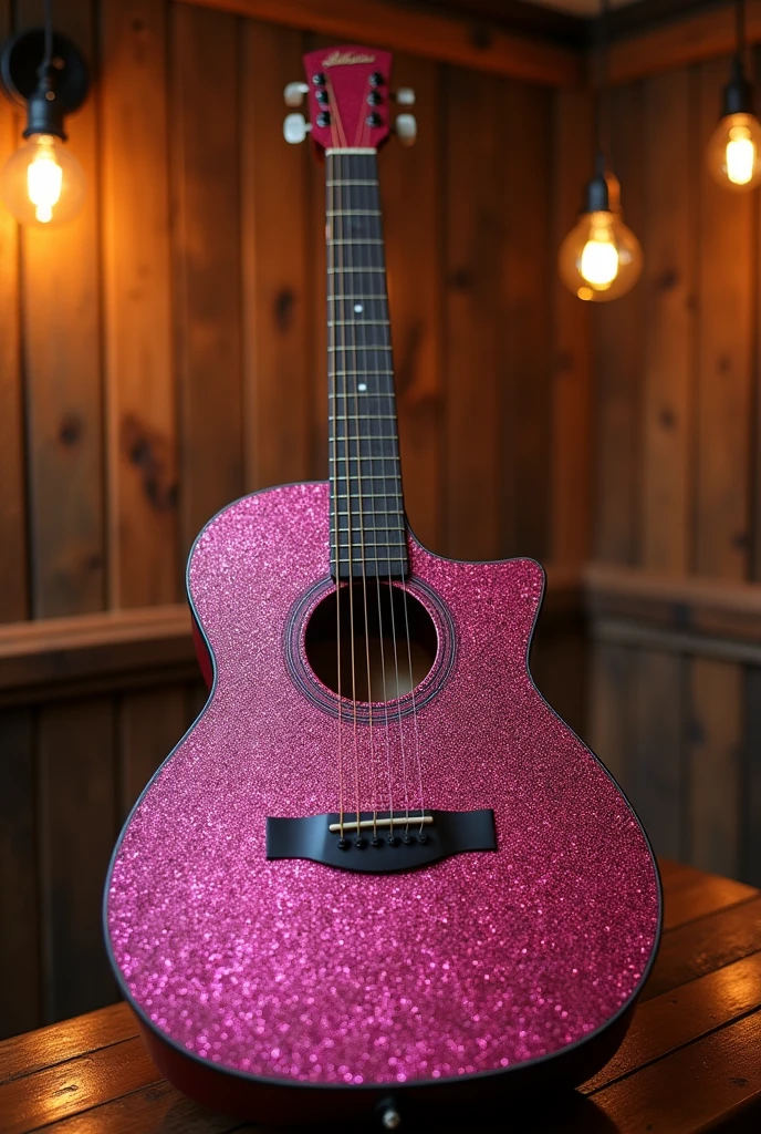 Acoustic guitar decorated with pink glitter that shines intensely on top of a wooden table