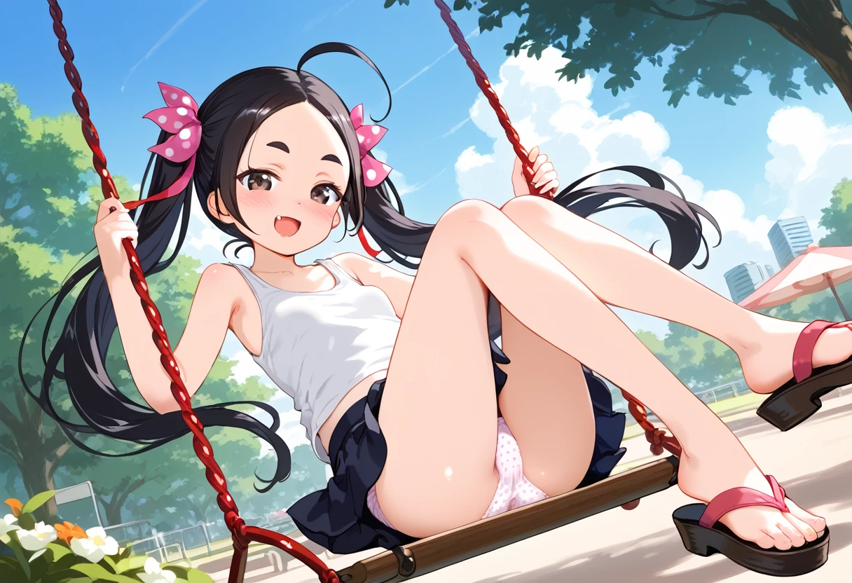 ((petite:1.3)), 8k, ((joji)), glossy black hair, long hair, twintails, black eyes, ahoge, ((blush:1.5)), small breasts, sitting on the swing, open mouth, thick eyebrows, park, tank top and mini skirt, panty shot, ((cotton polka dot panties)), happy smile, no socks, beach sandals, fang, windy:1.5, hair ribbon, forehead