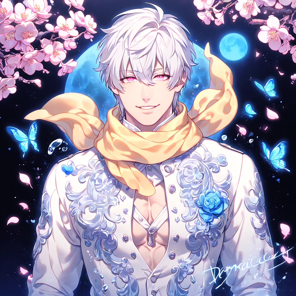 absurdres, highres, ultra detailed, HDR, master piece, best quality, extremely detailed, Clear, white hair, expressive pink eyes, Dramatical Murder, solo, sexy man, handsome, handsome smile, manly man, sensual, horny, white coat, white shirt, yellow scarf, fantasy, magical, blue moon, blue flowers, blue butterflies, blue petals, blossoms, water