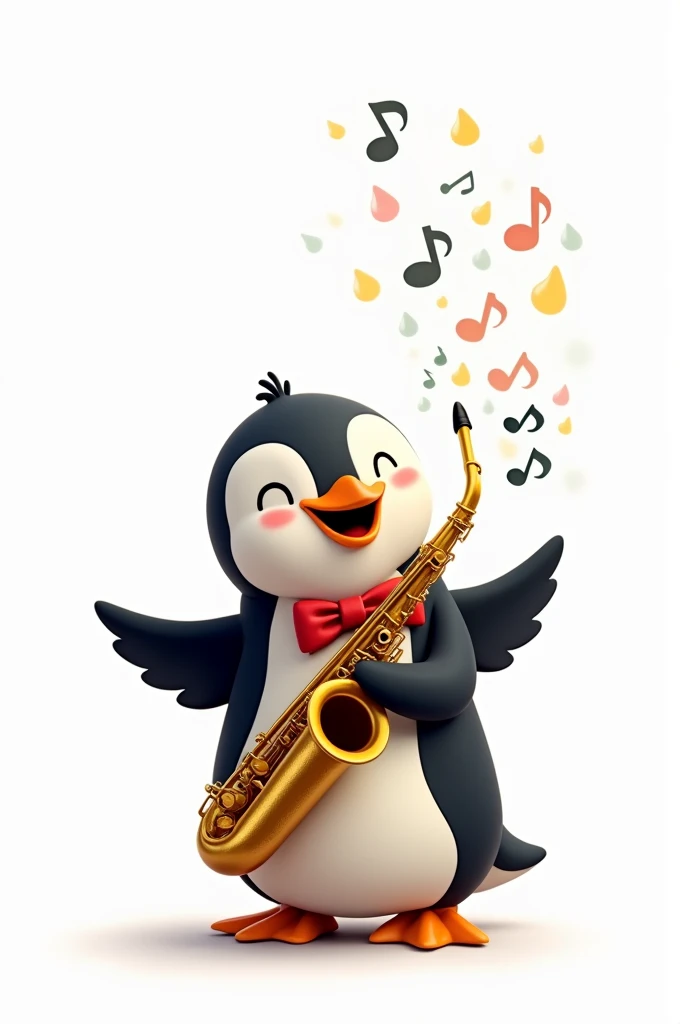 Penguin on a white background playing a saxophone 