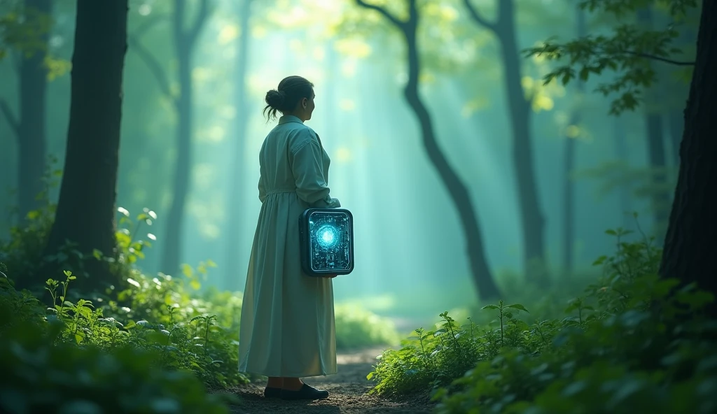 electronic futuristic tool ,Holding with one hand, ,blurry forest background

