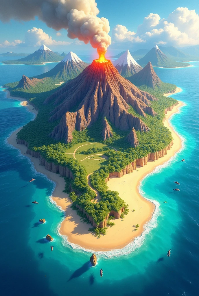 Medium animated map that contains a volcano, mountain and coast 